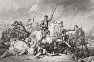 Cromwell führt nach seiner Verwundung am rechten Arm in der Schlacht von Marston Moor am 2. Juli 1644 einen Angriff an, aus „Illustrations of English and Scottish History“, Band I
